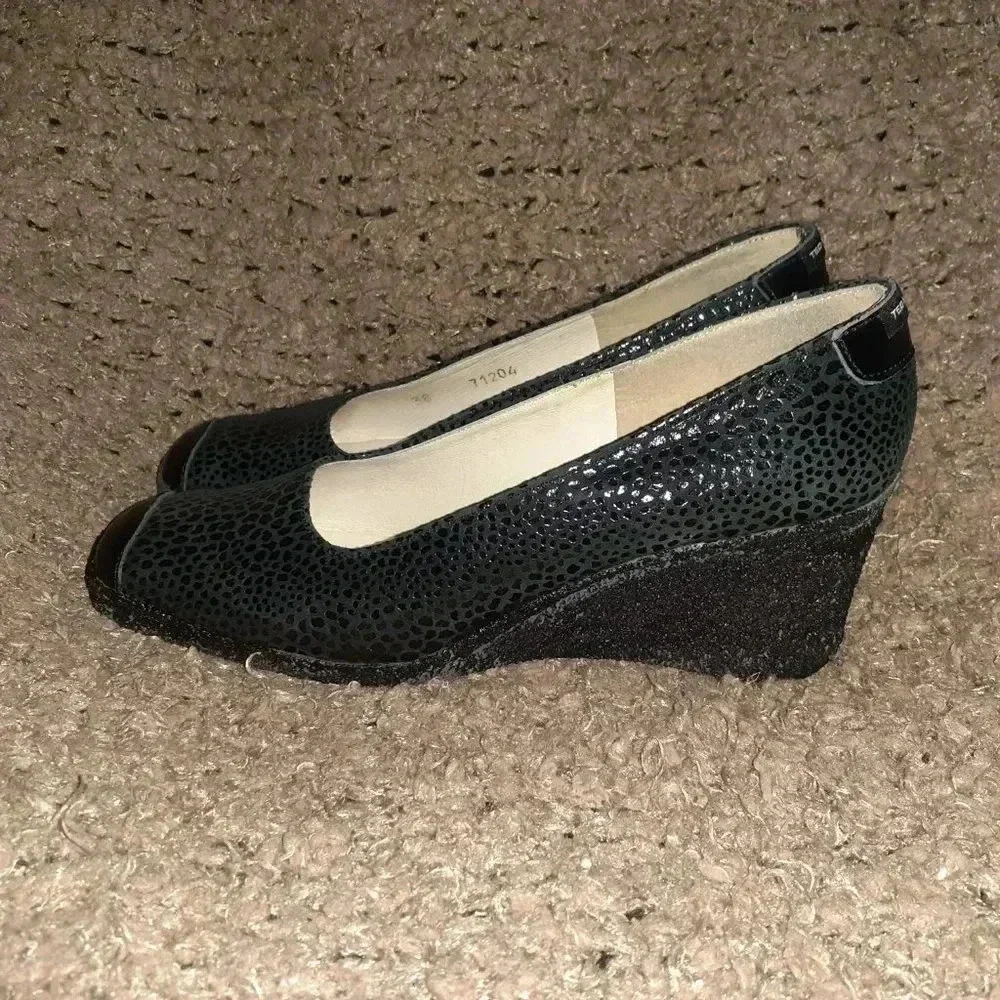 Vintage TED LAPIDUS-Black Suede/Leather Patterned Wedges-Sz 38-Excellent